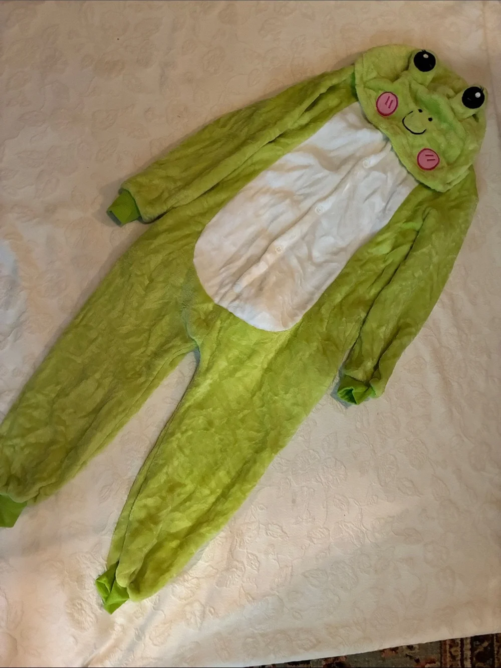 Plush Frog Onesie Romper in Bright Green with White Belly